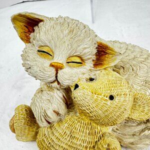Sleeping Kitty Cat Hugging Teddy Bear 5.5" Beige Resin Figurine